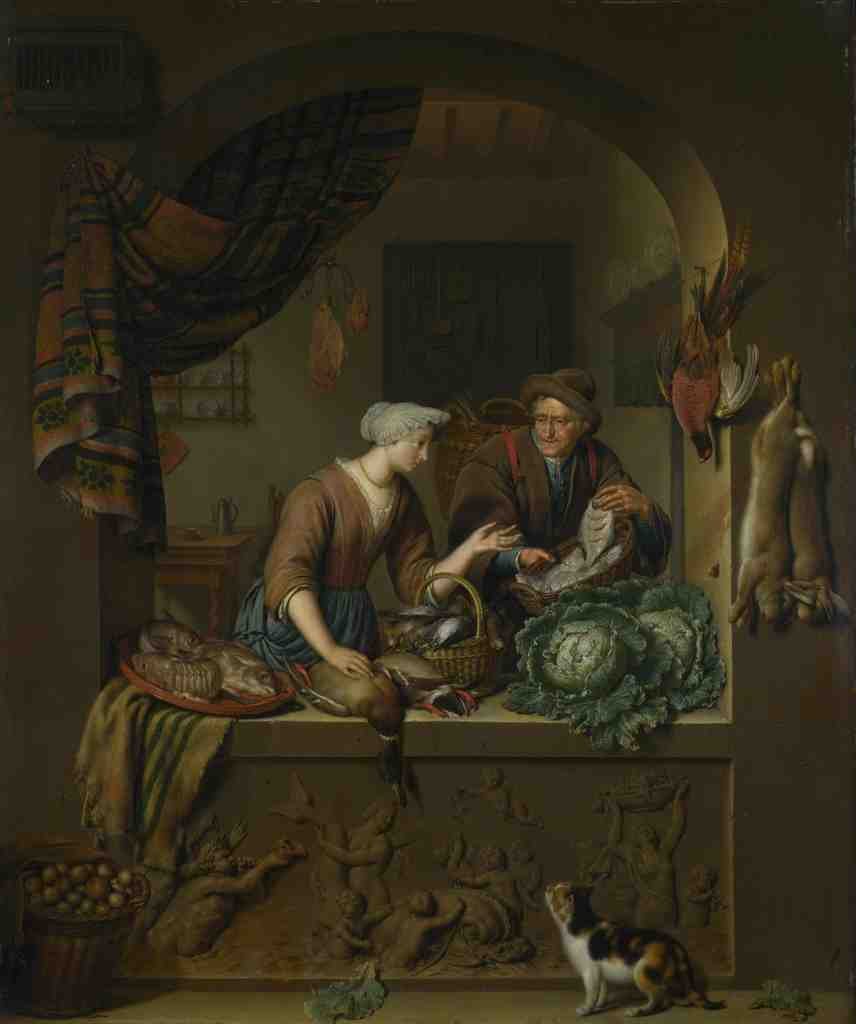 Willem van Mieris A Woman and a Fish pedlar in a Kitchen A4 Photo Print