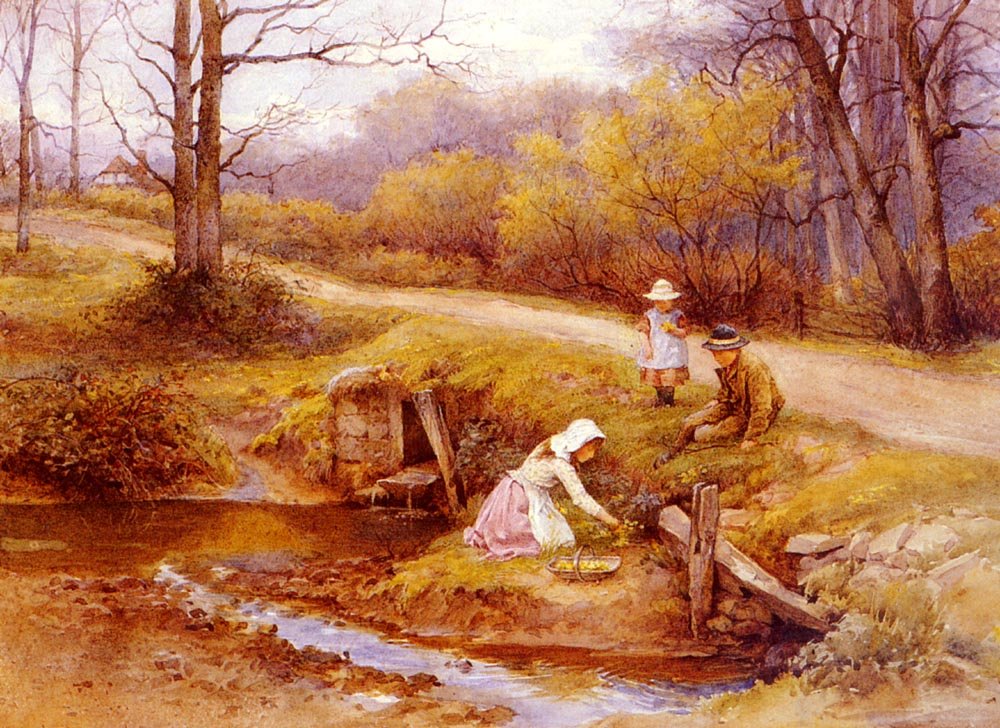 Wilson Charles Edward Gathering Primroses Art A4 Photo Print