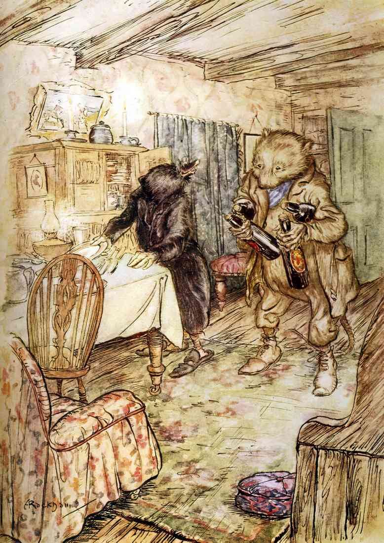 Wind in the Willows Arthur Rackham He presently reappeared somewhat dusty with a bottle of beer in each paw and another under each arm 8 A4 Photo Print