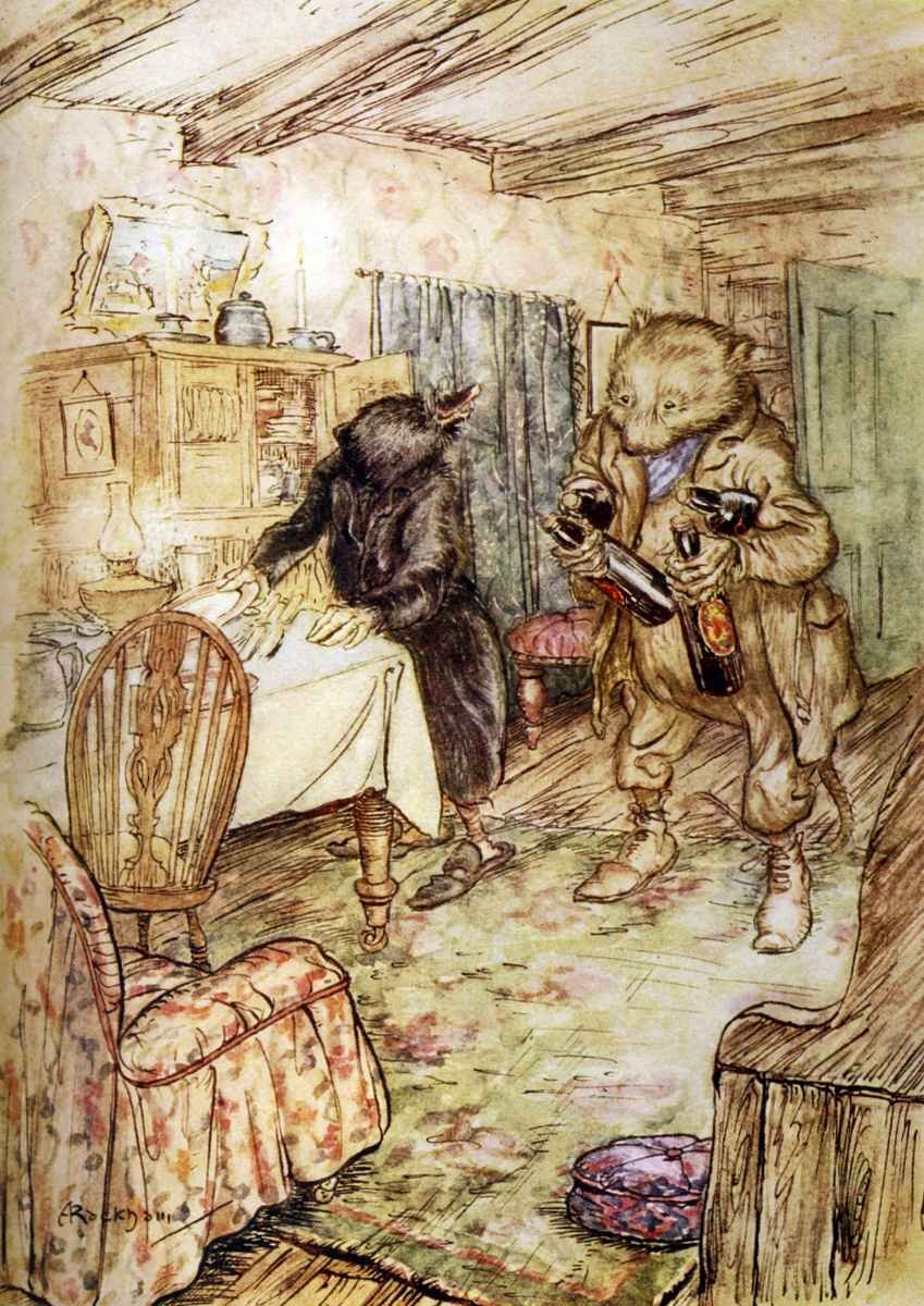 Wind in the Willows Arthur Rackham He presently reappeared, somewhat dusty, with a bottle of beer in each paw and another under each arm A4 Photo Print