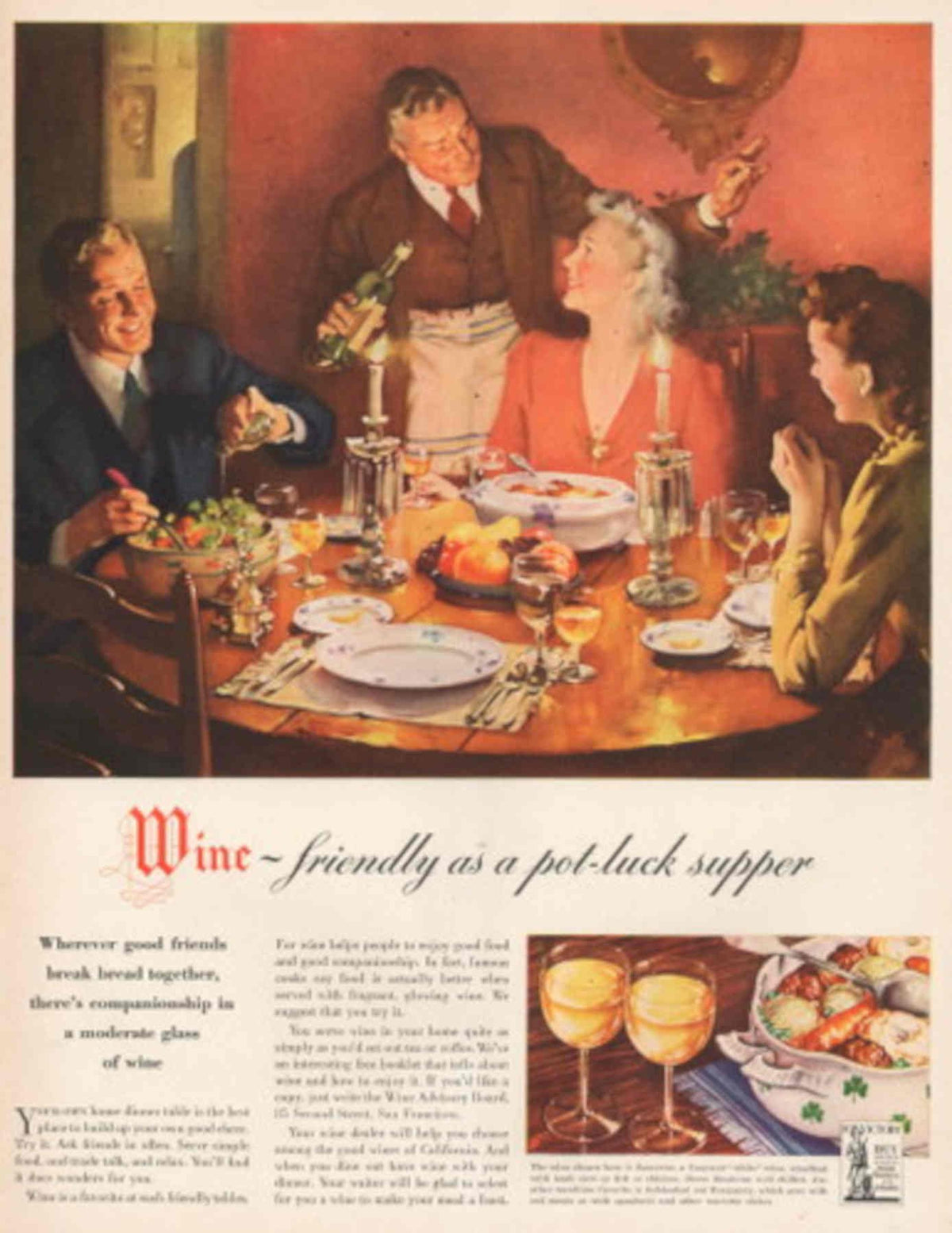 Wine Table Friends 1940s Vintage Retro Advert Poster