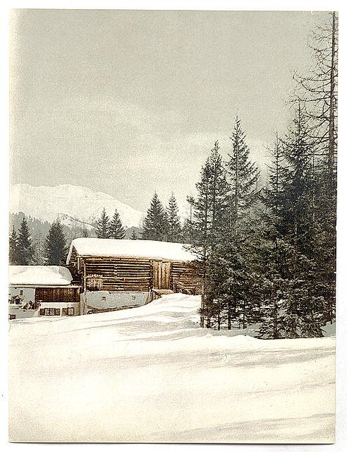 Winter scene with log structure Grisons Vintage A4 Photo Print