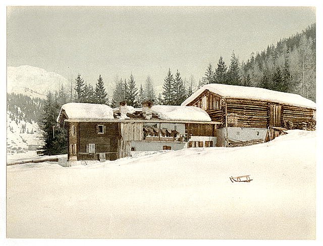 Winter scene with log structure II Grisons Vintage A4 Photo Print