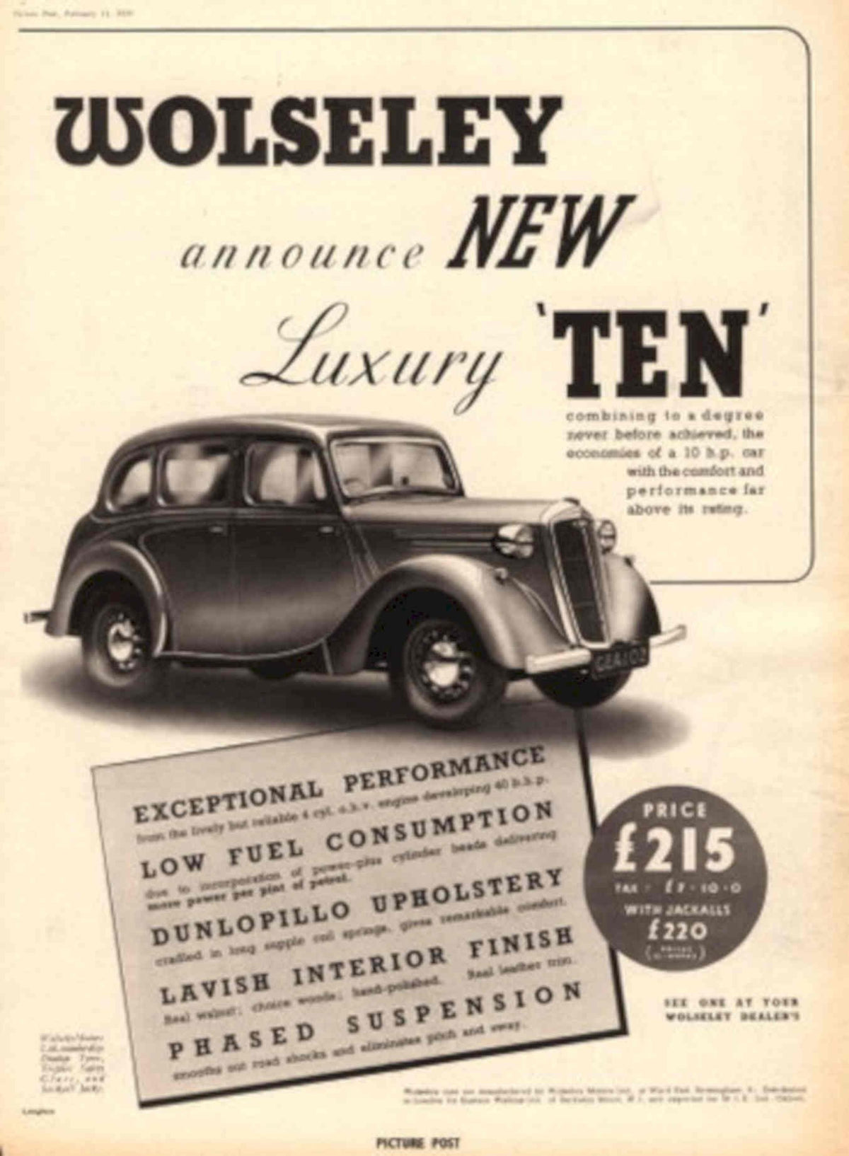 Wolseley Luxury Ten 1930s Vintage Retro Advert Poster