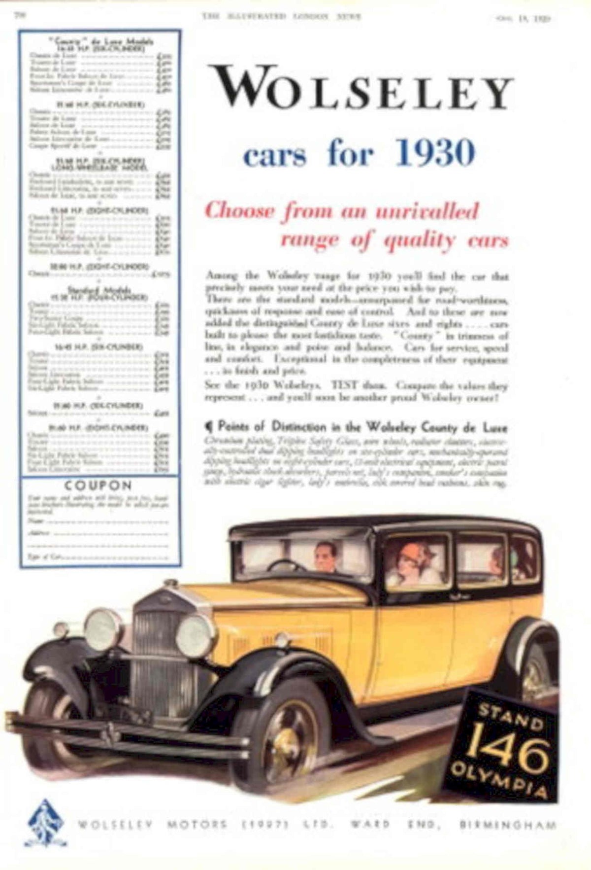 Wolseley Olympia Cars 1930s Vintage Retro Advert Poster