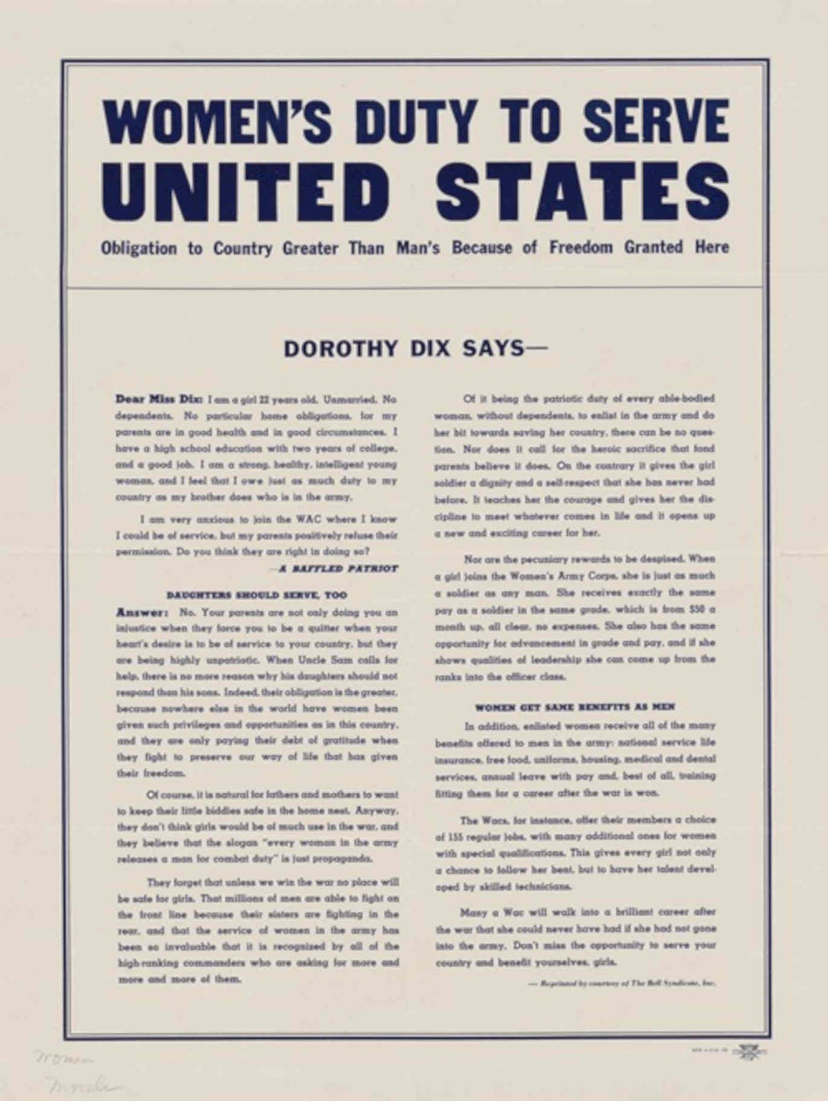 Womens Duty Wac American World War II Advert Poster