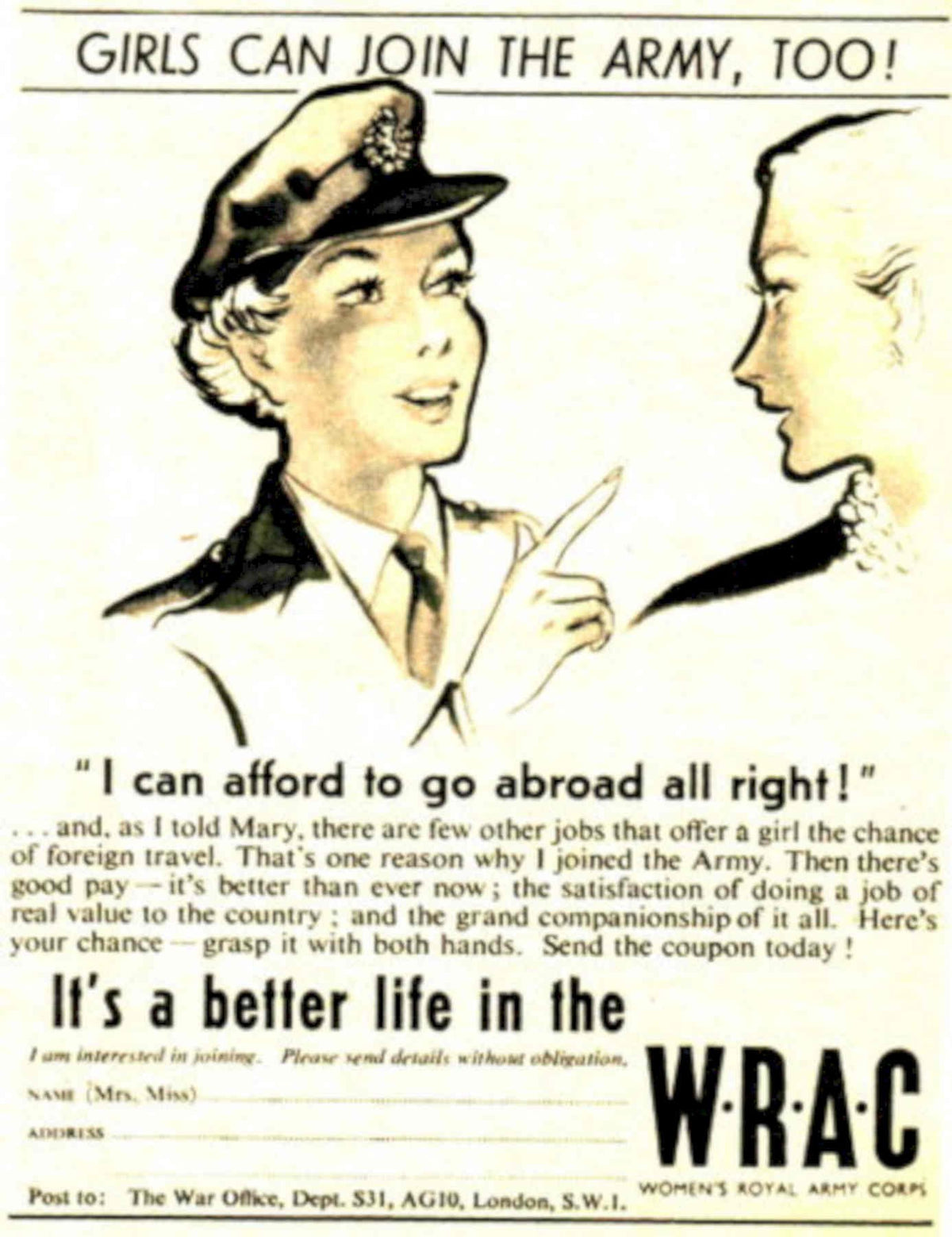 Wrac Women Army 1950s Vintage Retro Advert Poster