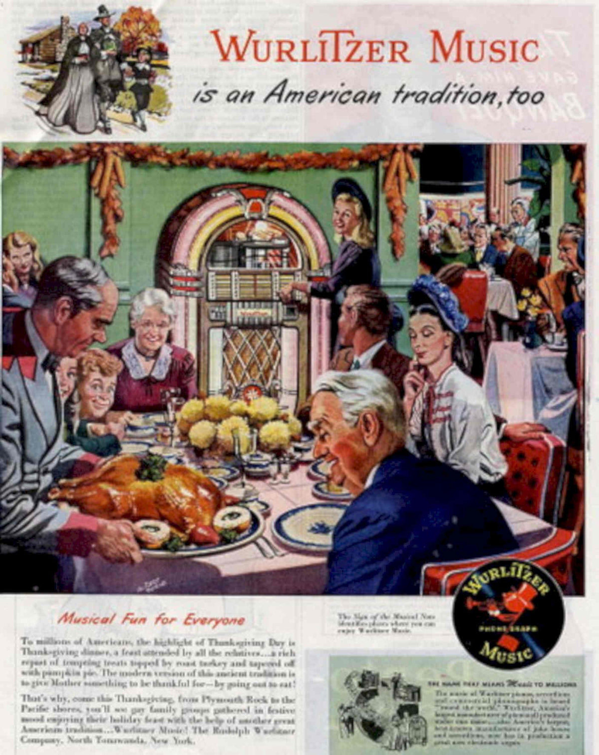 Wurlitzer Turkey Dinner 1940s Vintage Retro Advert Poster