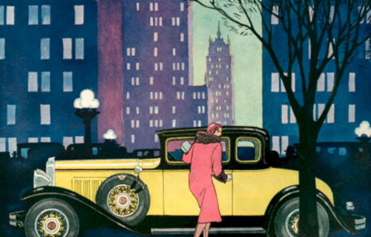 Yellow Automobile Cityscape 1930s Vintage Retro Advert Poster