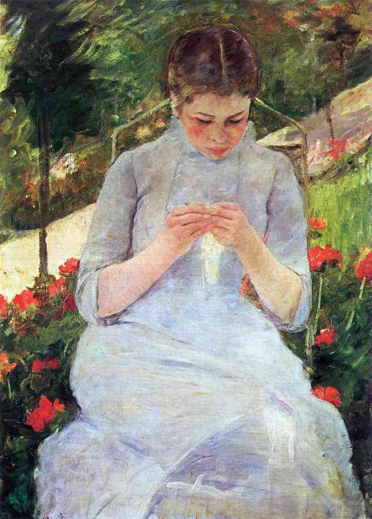 Young Woman Sewing In The Garden Cassatt A4 Photo Print