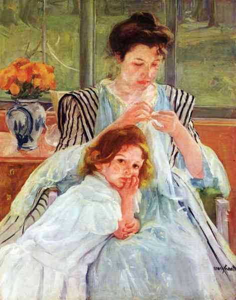 Young mother sewing by Cassatt A4 Photo Print