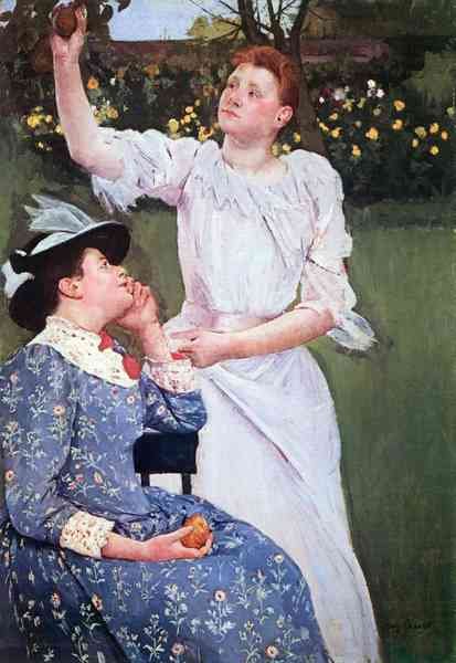 Young woman picking fruit by Cassatt A4 Photo Print