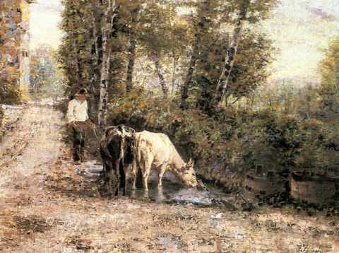 Zampighi Eugenio Cows Watering At Quiet Pool A4 Photo Print