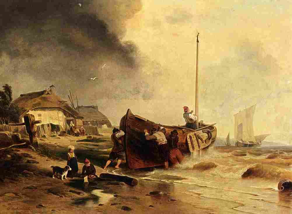 achenbach a fishing boat on the beach Art A4 Photo Print