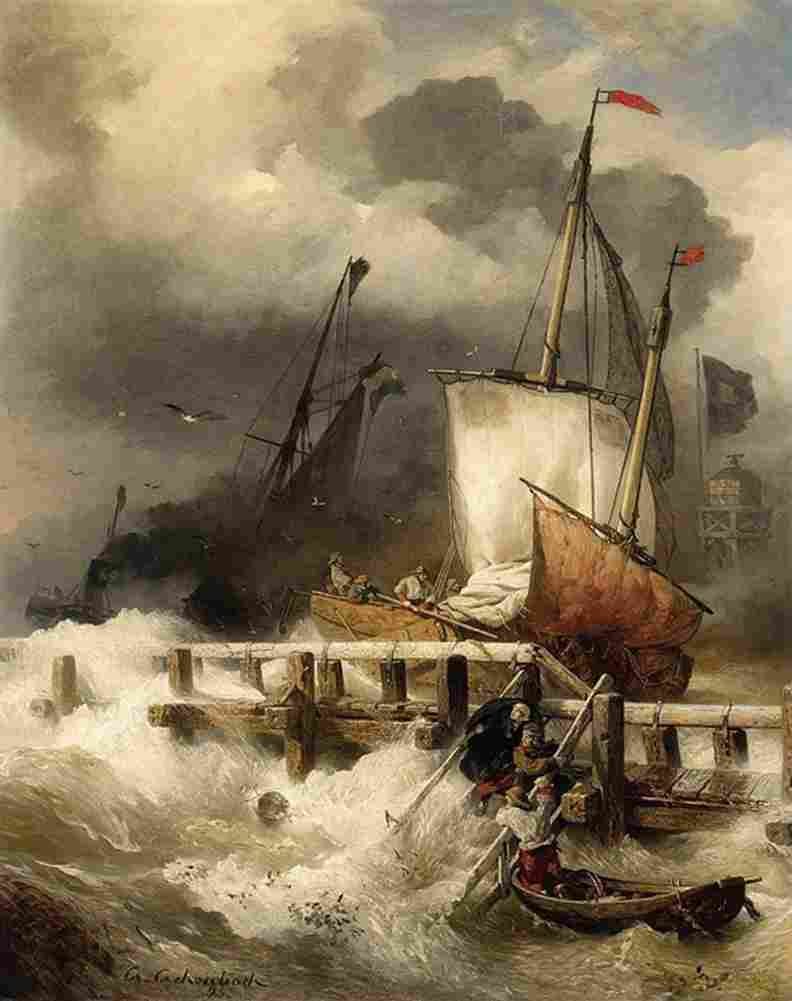 achenbach arrival at the mole by stormy sea Art A4 Photo Print