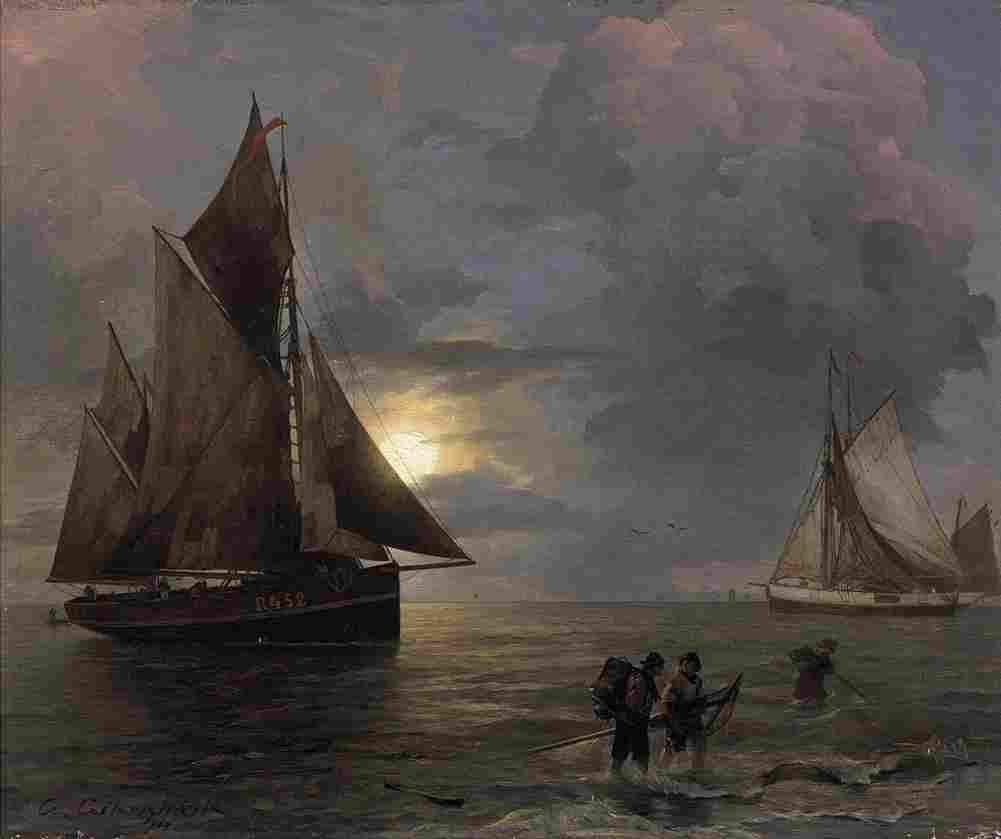 achenbach moonlit coastal landscape with sailing ships Art A4 Photo Print