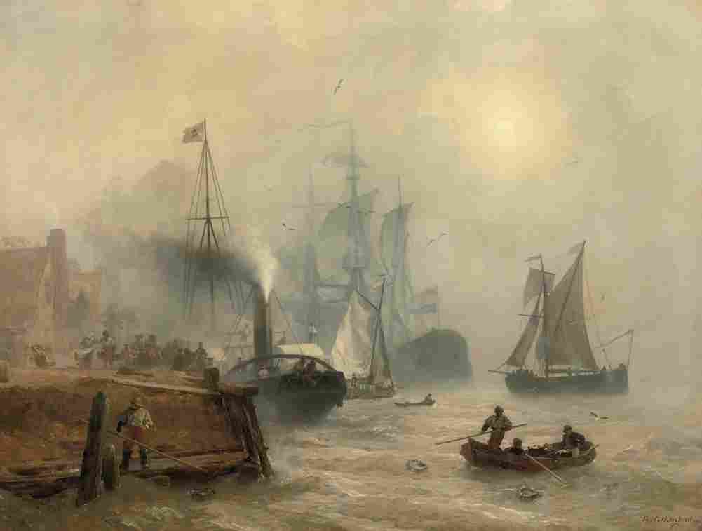 achenbach moored steamer at a busy quay Art A4 Photo Print