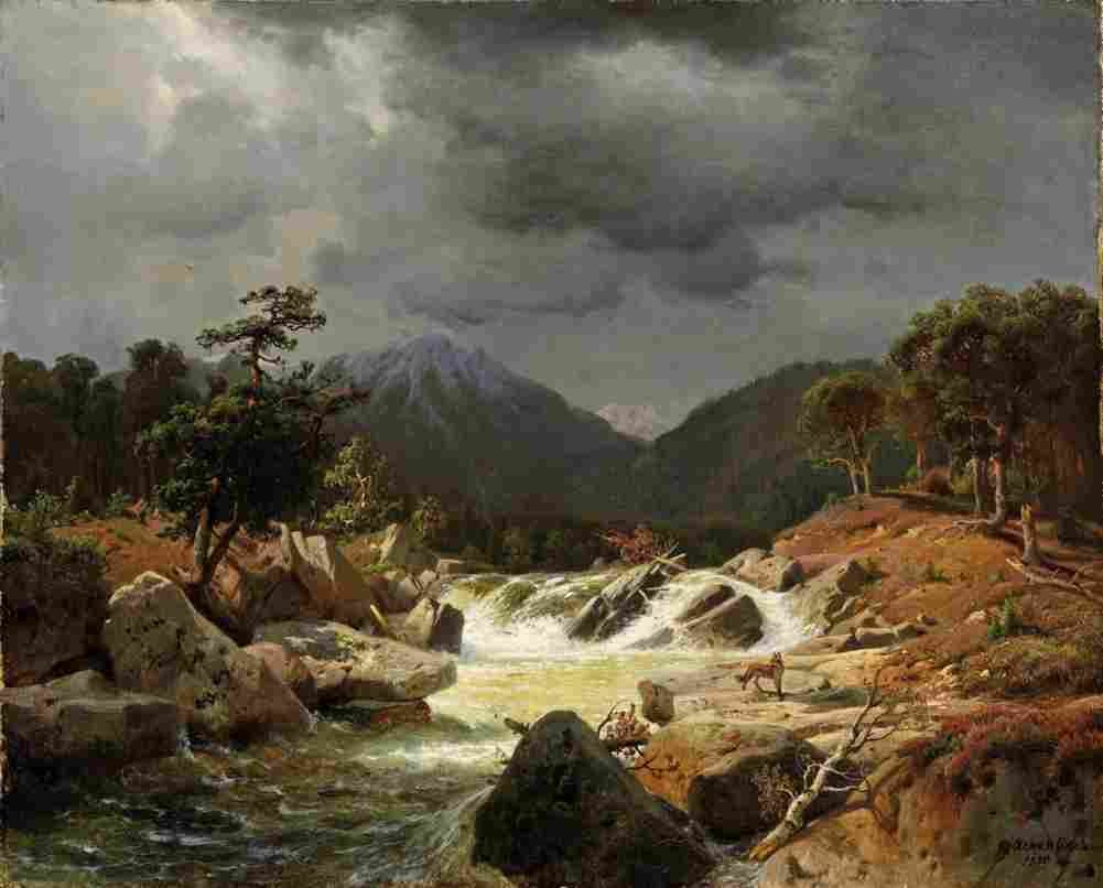 achenbach norwegian landscape with fox at a mountain torrent Art A4 Photo Print