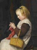 anker knitting girl with basket Art A4 Photo Print