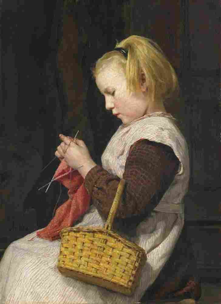 anker knitting girl with basket Art A4 Photo Print