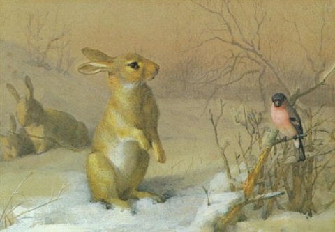 archibald thorburn surprise rabbits and bullfinch A4 Photo Print