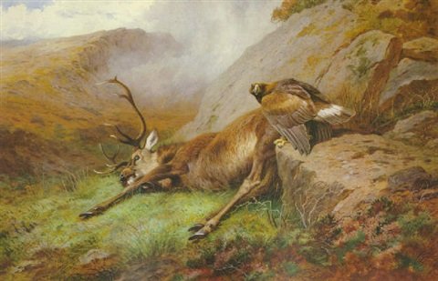 archibald thorburn the lost stag red deer and golden eagles A4 Photo Print