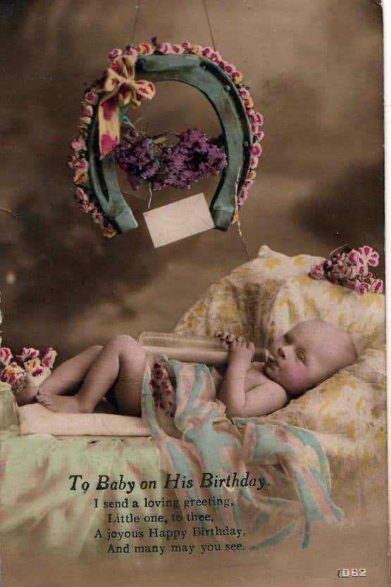 baby with dummy feeding bottle antique birthday greetings 49931 A4 Photo Print