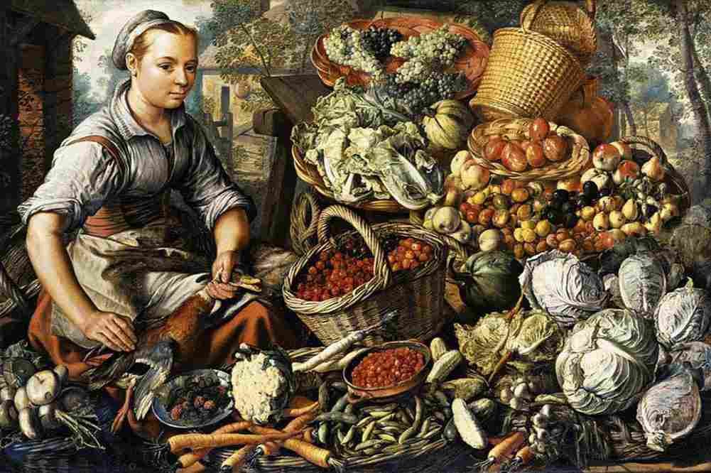 beuc Market Woman with Fruit Vegetables and Poultry Art A4 Photo Print