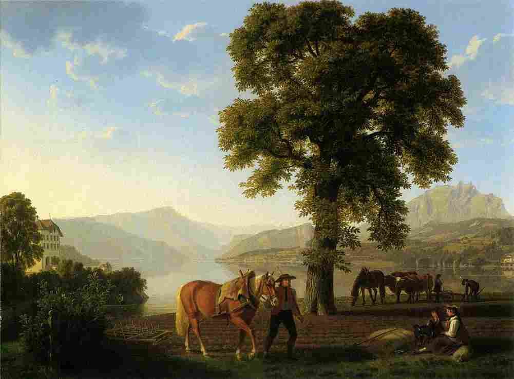 bied A Farmer Ploughing by Lake Lucerne Art A4 Photo Print