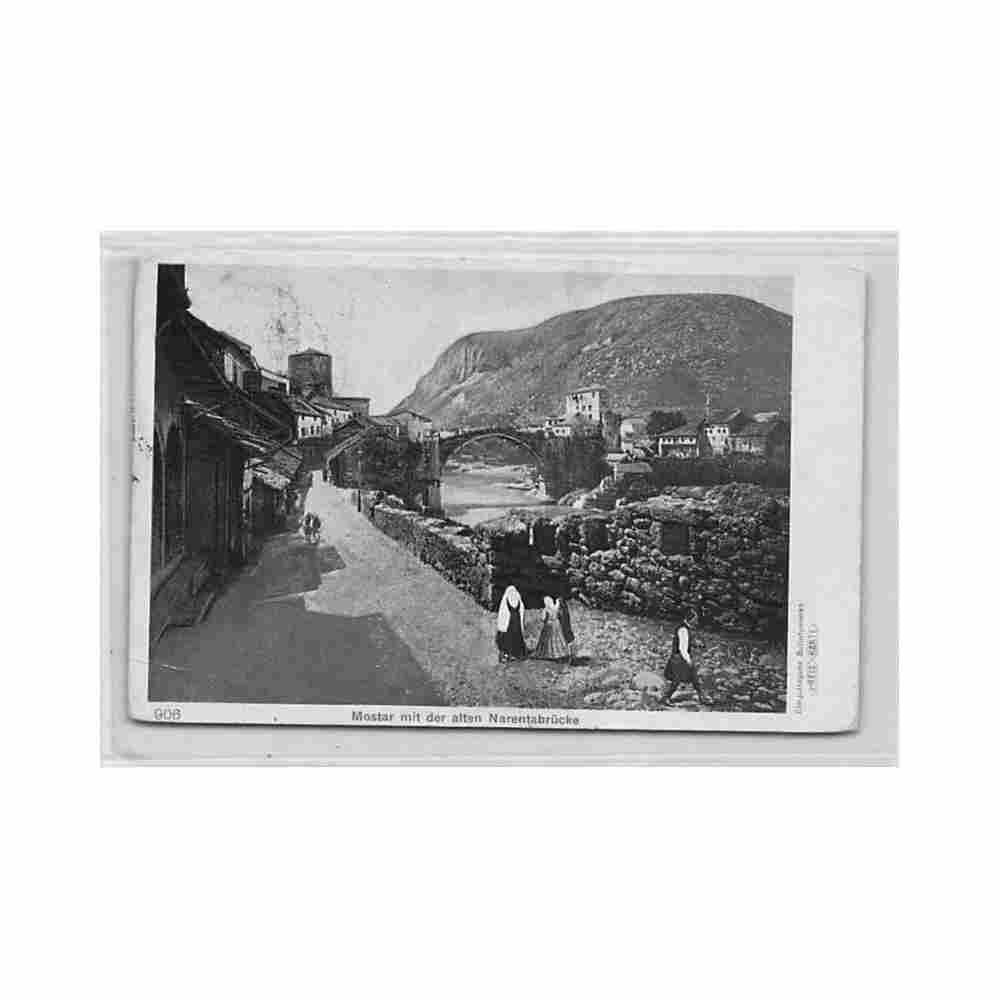 bosnia mostar the old bridge on the neretva river is lightly unsticked Vintage A4 Photo Print