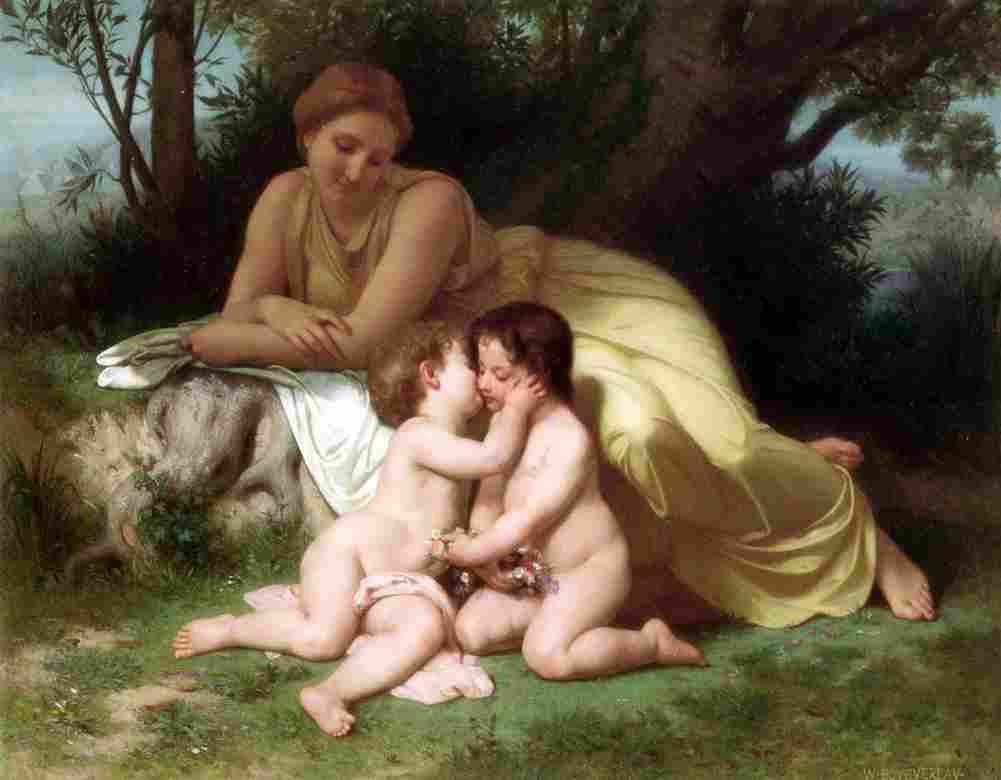 boug Young Woman Contemplating Two Embracing Children Art A4 Photo Print