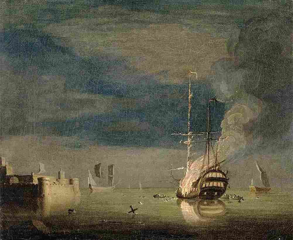 brooking A Two Decker on Fire at Night off a Fort Art A4 Photo Print