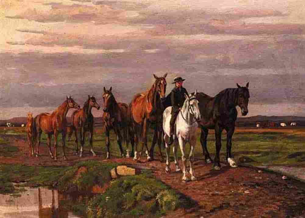 burke Mounted Rider Leading a Herd of Horses Over a Stream Art A4 Photo Print