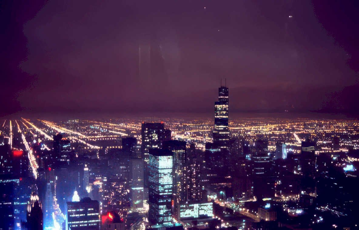chicago night skyscape Vintage A4 Photo Print