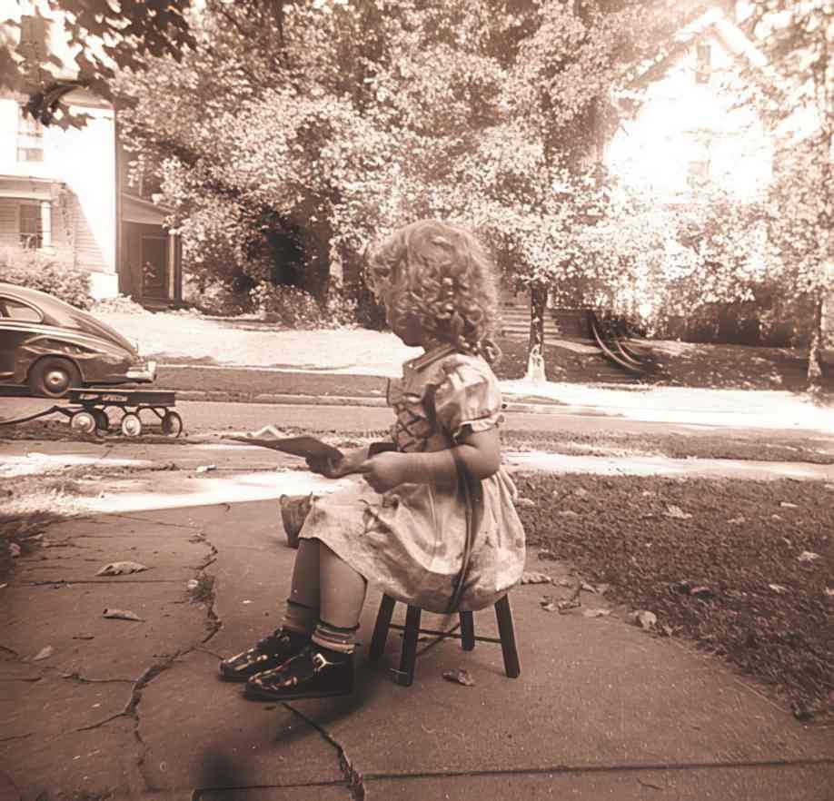 child reading sidewalk Vintage world war A4 Photo Print