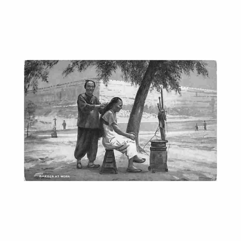 china barber at work r tuck Vintage A4 Photo Print