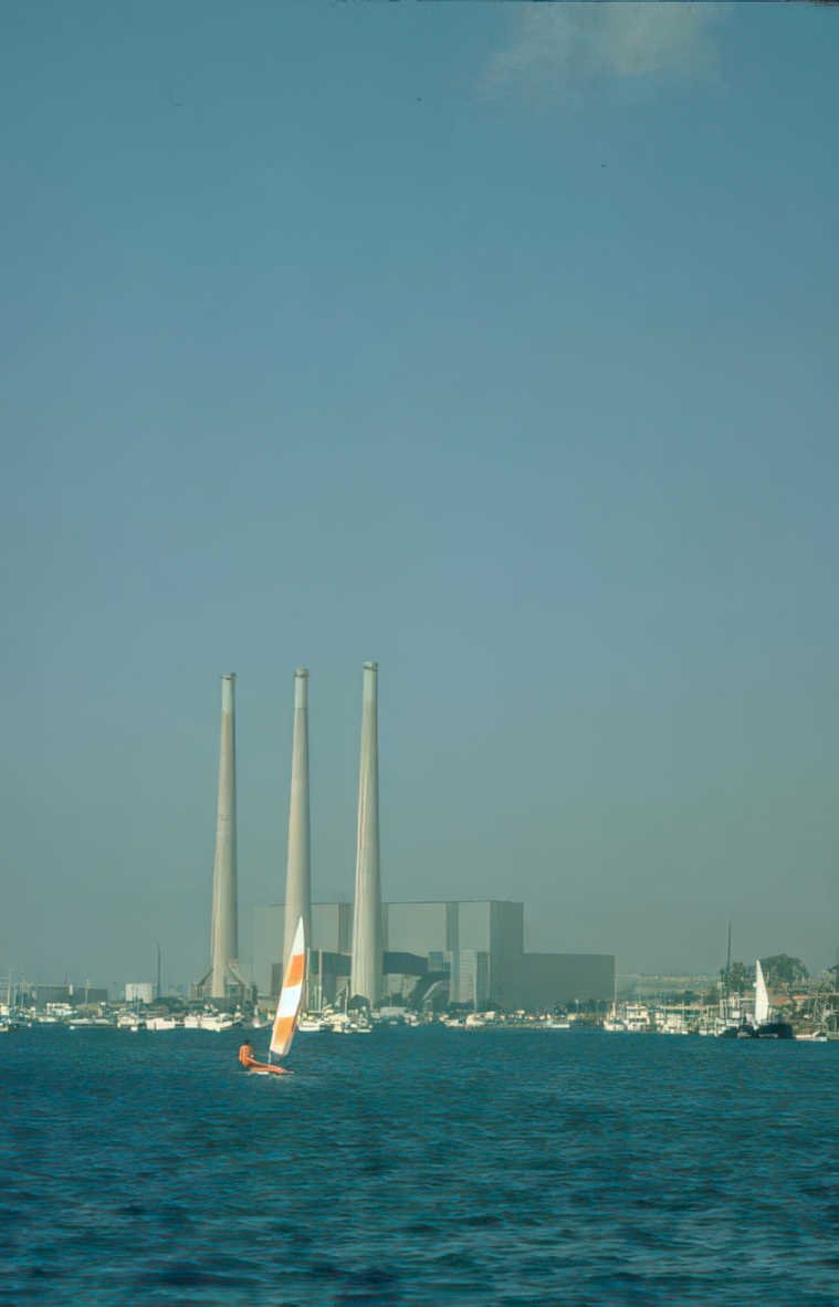 coastline powerplant sailboat Vintage A4 Photo Print