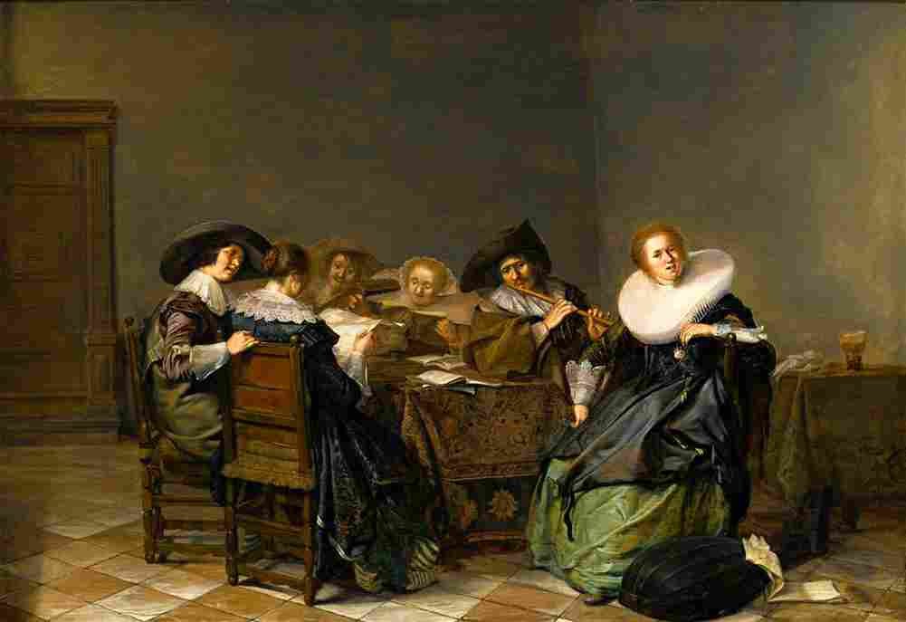 codde interior with musicians seated around a table Art A4 Photo Print