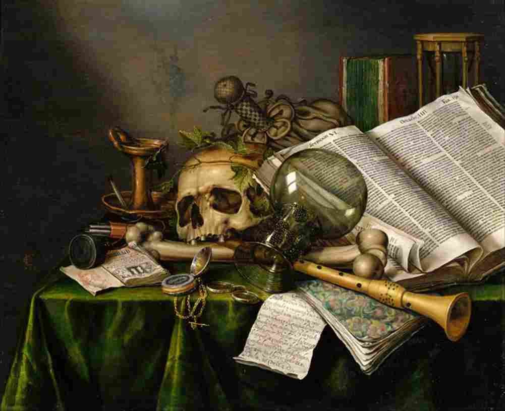 collier vanitas still life with books and manuscripts Art A4 Photo Print