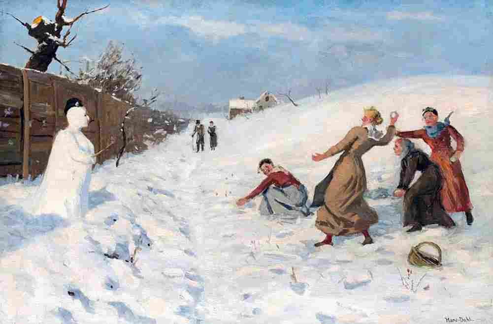 dahl Snowball Fight and Snowman Art A4 Photo Print