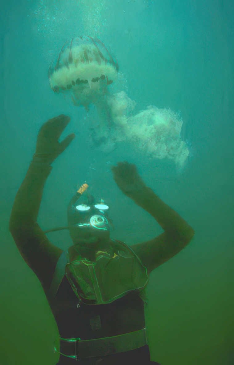 diver jellyfish deepsea Vintage A4 Photo Print