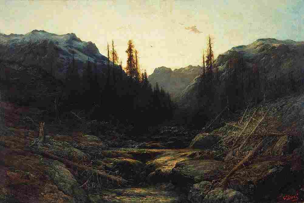 dore Stream in Mountains at Dusk Art A4 Photo Print