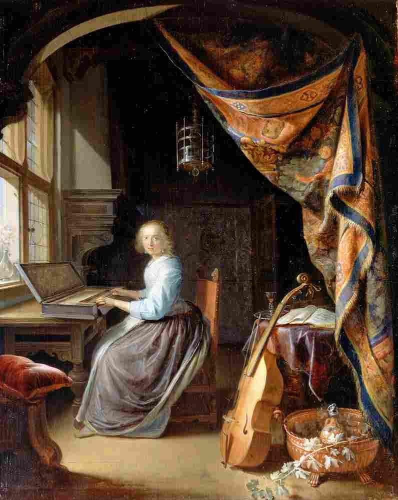 dou a woman playing a clavichord Art A4 Photo Print