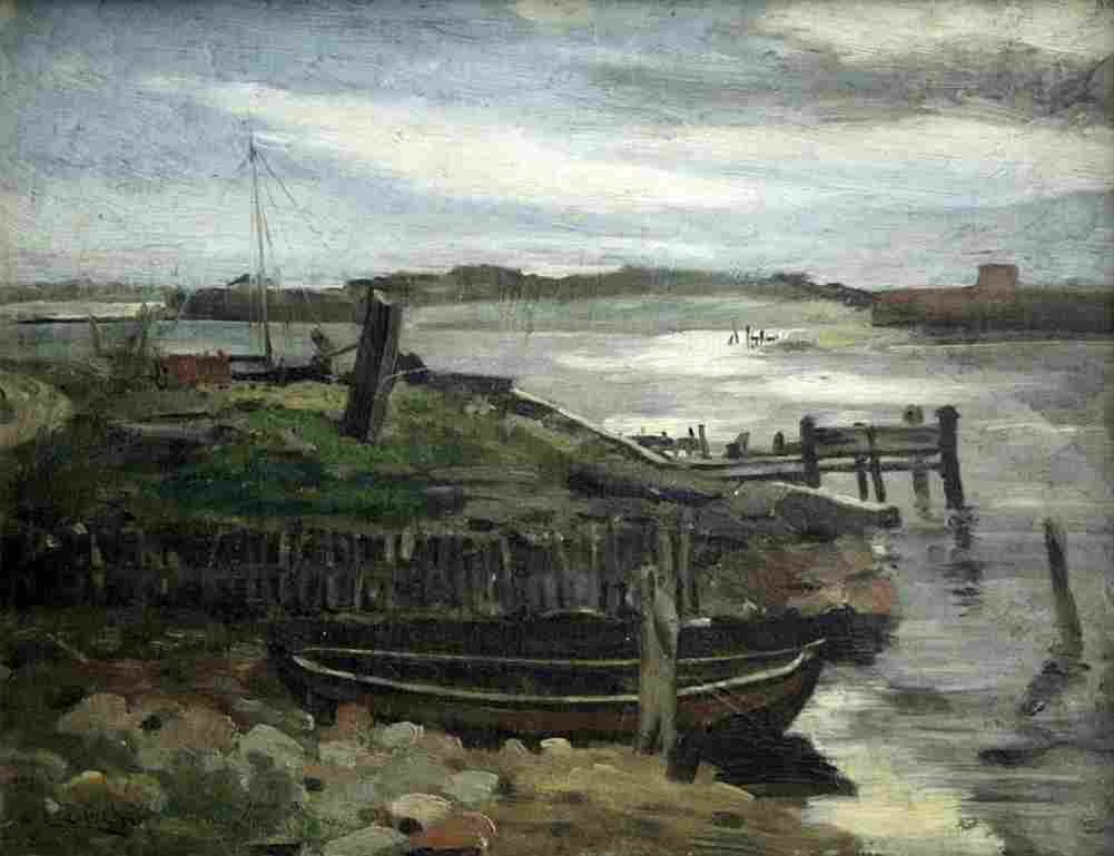 ducker eugene cloudy coastal landscape with fishers Art A4 Photo Print
