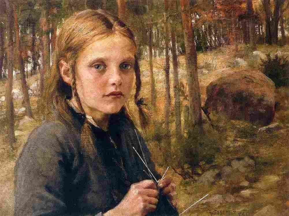 edel Girl Knitting Socks Art A4 Photo Print