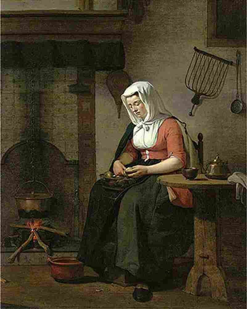 ekels a woman seated in a kitchen peeling apples Art A4 Photo Print