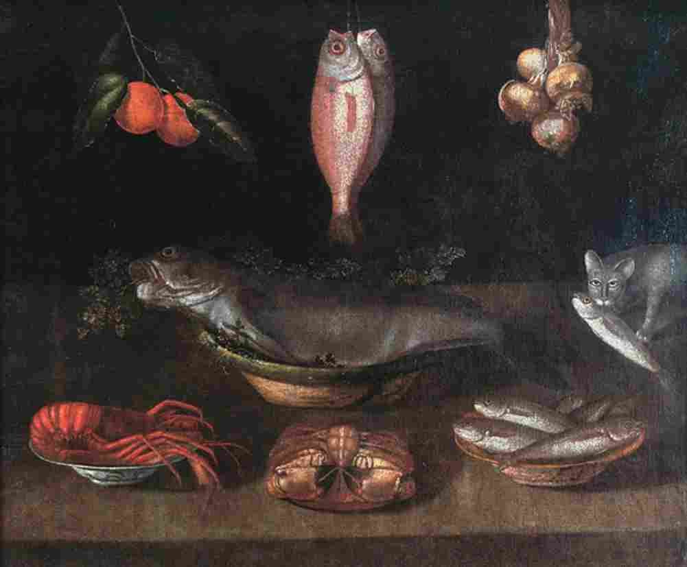 figueira still life with fish crustaceans onions oranges and cat Art A4 Photo Print