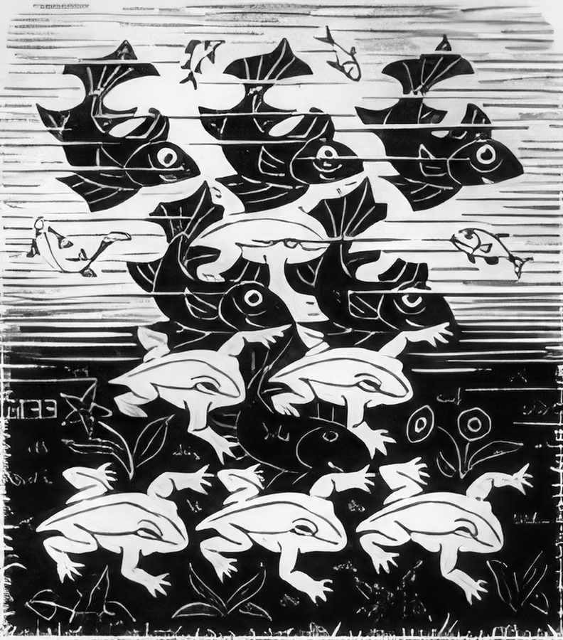 fish and frogs mc escher 1949 A4 Photo Print