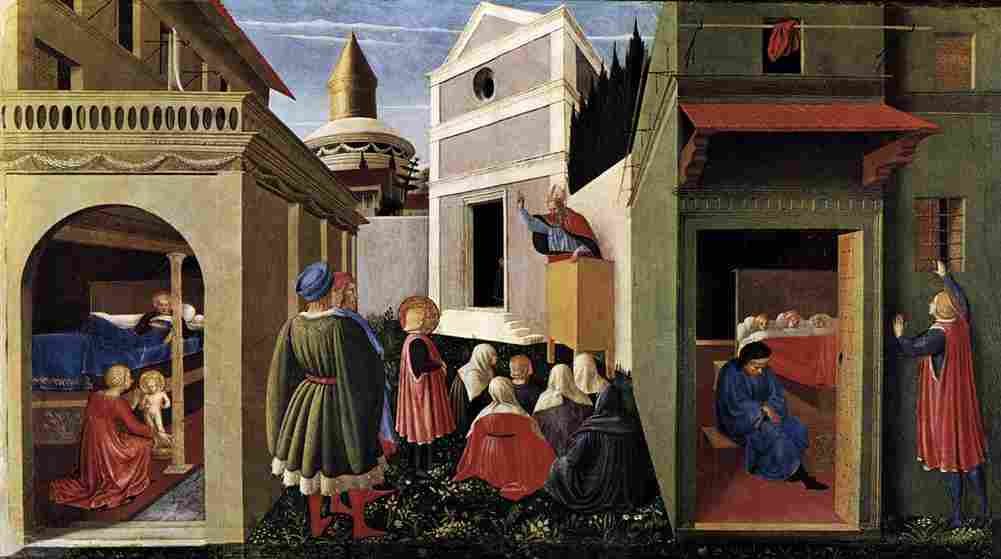 fra angelico fra perugia triptych the birth of saint nicholas his calling the giving of alms to the three poor girls Art A4 Photo Print