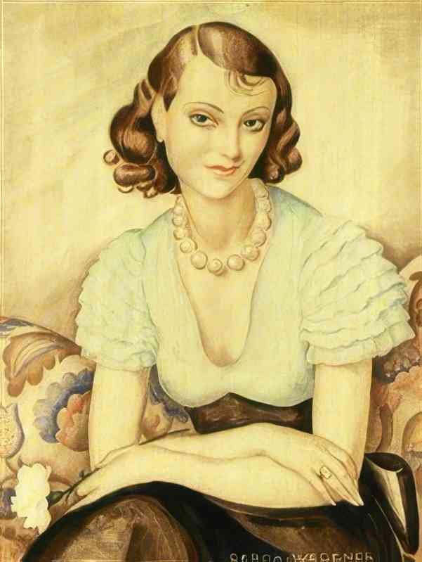 gerda wegener morkharet pige i sort nederdel og turkis bluse pa en blomstret sofa Art A4 Photo Print